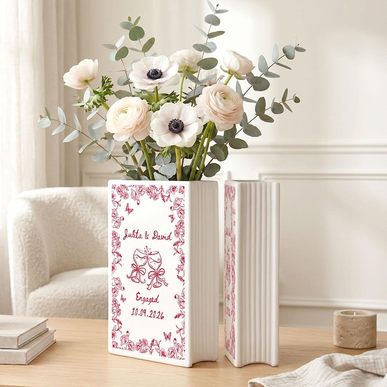 Personalized Engagement Ceramic Book Vase, Custom Toile De Jouy Couple Name Book Vase