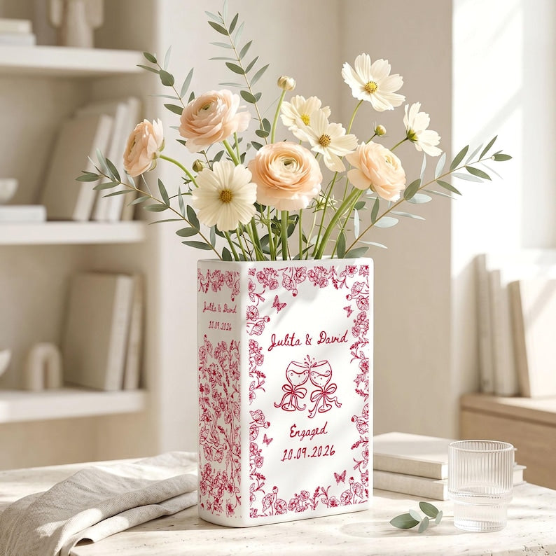 Personalized Engagement Ceramic Book Vase, Custom Toile De Jouy Couple Name Book Vase