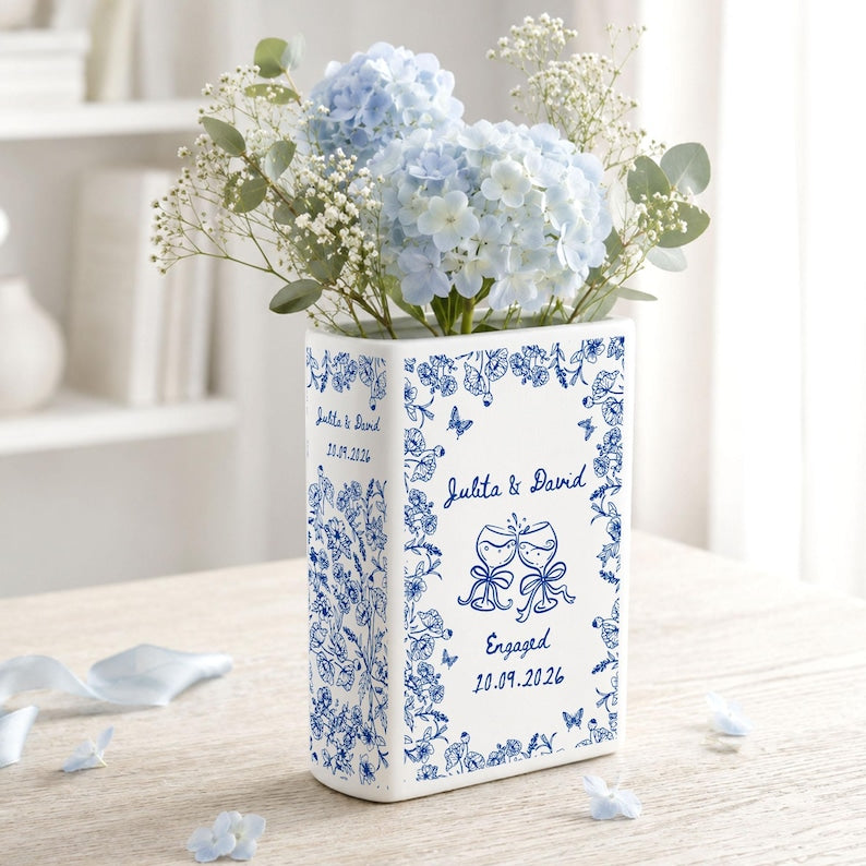 Personalized Engagement Ceramic Book Vase, Custom Toile De Jouy Couple Name Book Vase