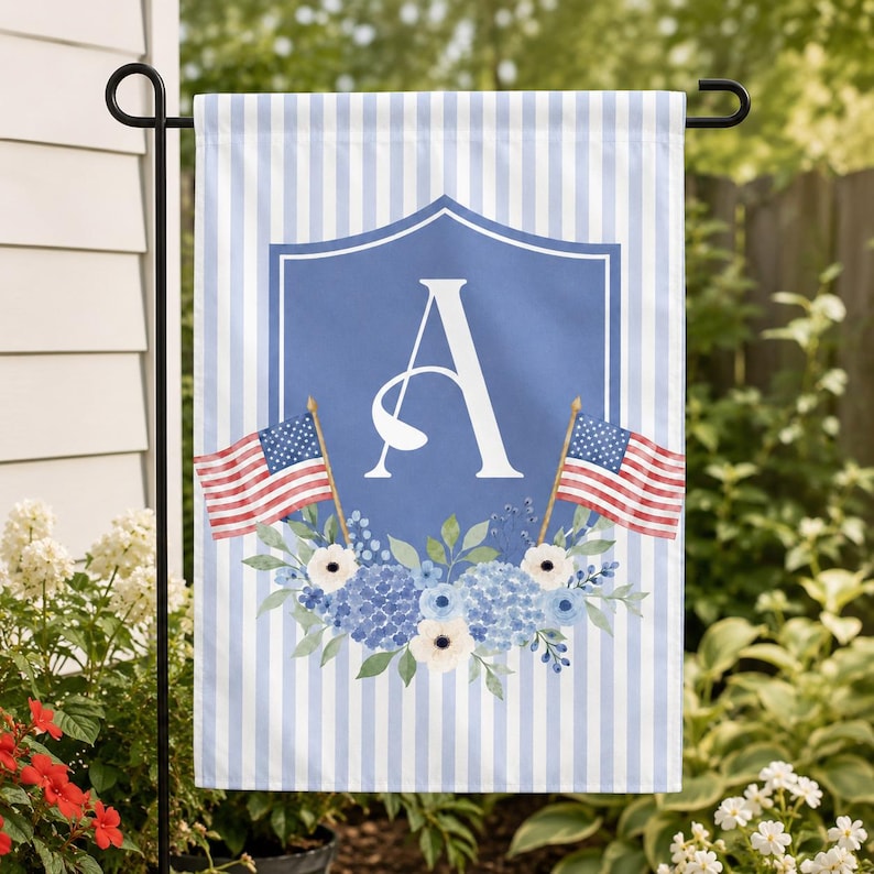 Personalized Monogram Patriotic Garden Flag, Custom Initial Blue Floral Yard Flag