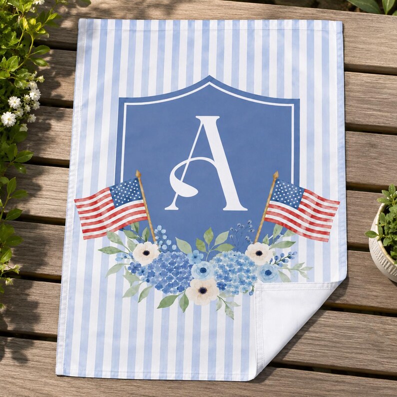 Personalized Monogram Patriotic Garden Flag, Custom Initial Blue Floral Yard Flag