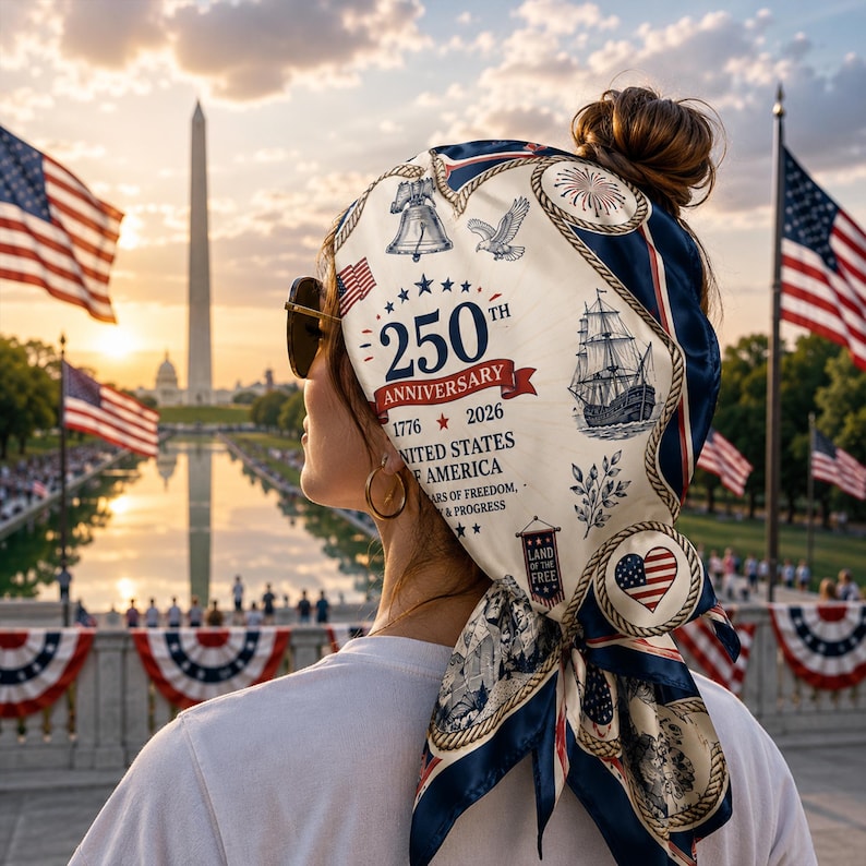America 250 Satin Scarf, Fourth of July Patriotic Silk Scarf, 1776 2026 USA Scarf
