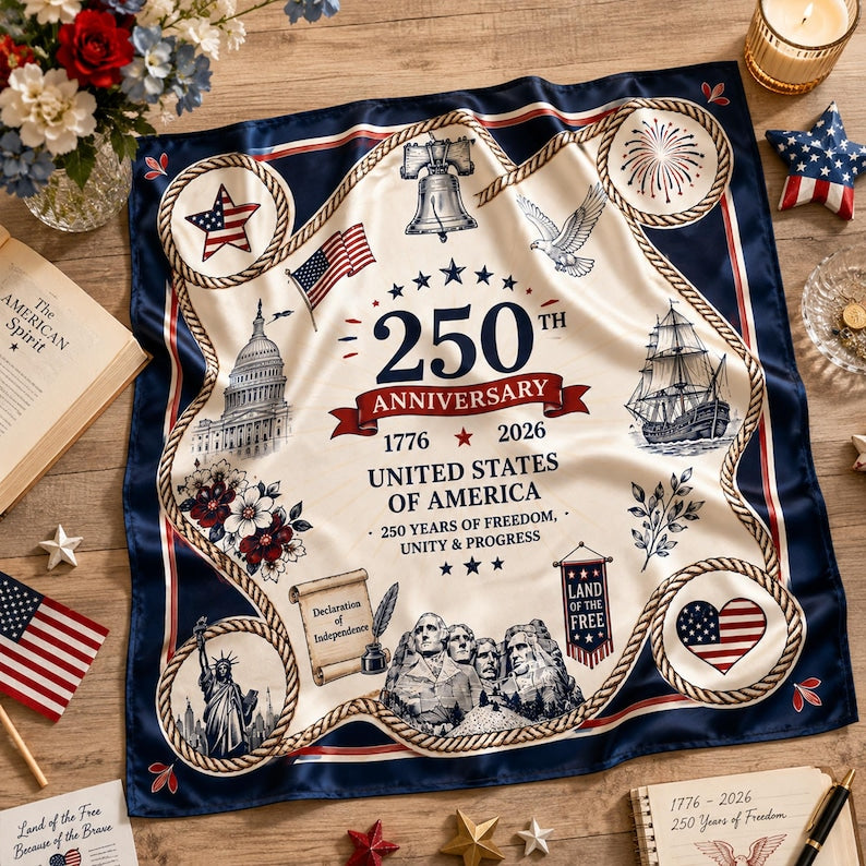 America 250 Satin Scarf, Fourth of July Patriotic Silk Scarf, 1776 2026 USA Scarf