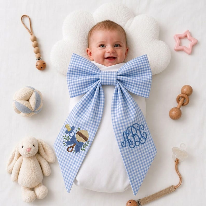Monogrammed Pink Toile Baby Bow Sash, Newborn Photo Prop, Personalized Embroidered Newborn Bow Sash