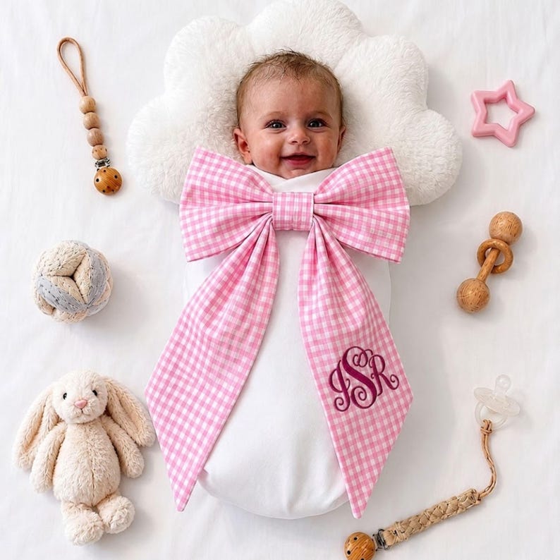Monogrammed Pink Toile Baby Bow Sash, Newborn Photo Prop, Personalized Embroidered Newborn Bow Sash