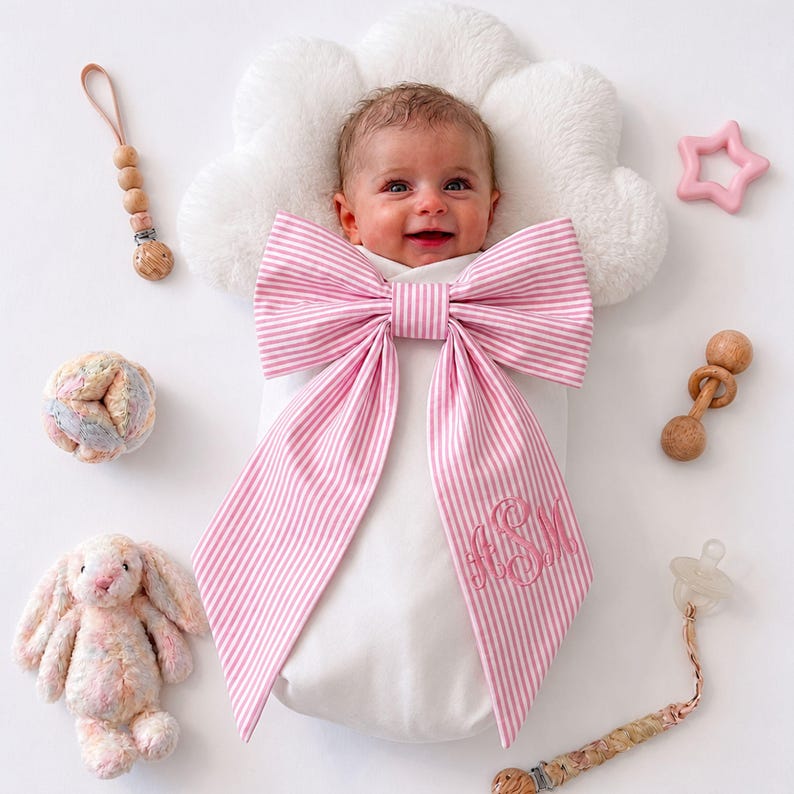 Monogrammed Pink Toile Baby Bow Sash, Newborn Photo Prop, Personalized Embroidered Newborn Bow Sash