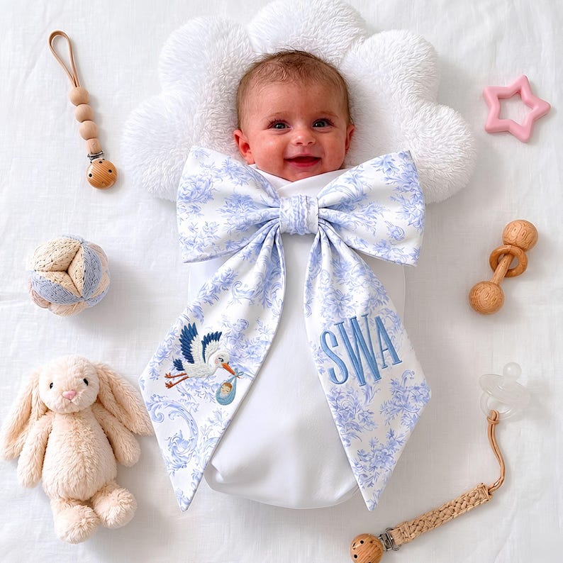Monogrammed Pink Toile Baby Bow Sash, Newborn Photo Prop, Personalized Embroidered Newborn Bow Sash