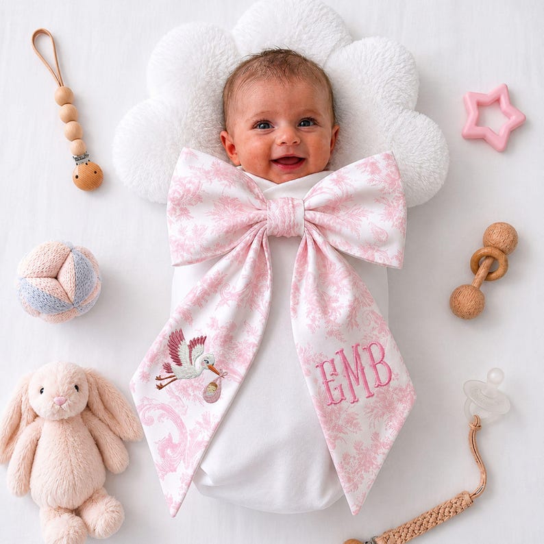 Monogrammed Pink Toile Baby Bow Sash, Newborn Photo Prop, Personalized Embroidered Newborn Bow Sash