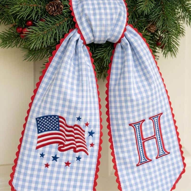 4th of July Red Gingham Wreath Sash, Embroidered Monogram, American Flag Door Decor