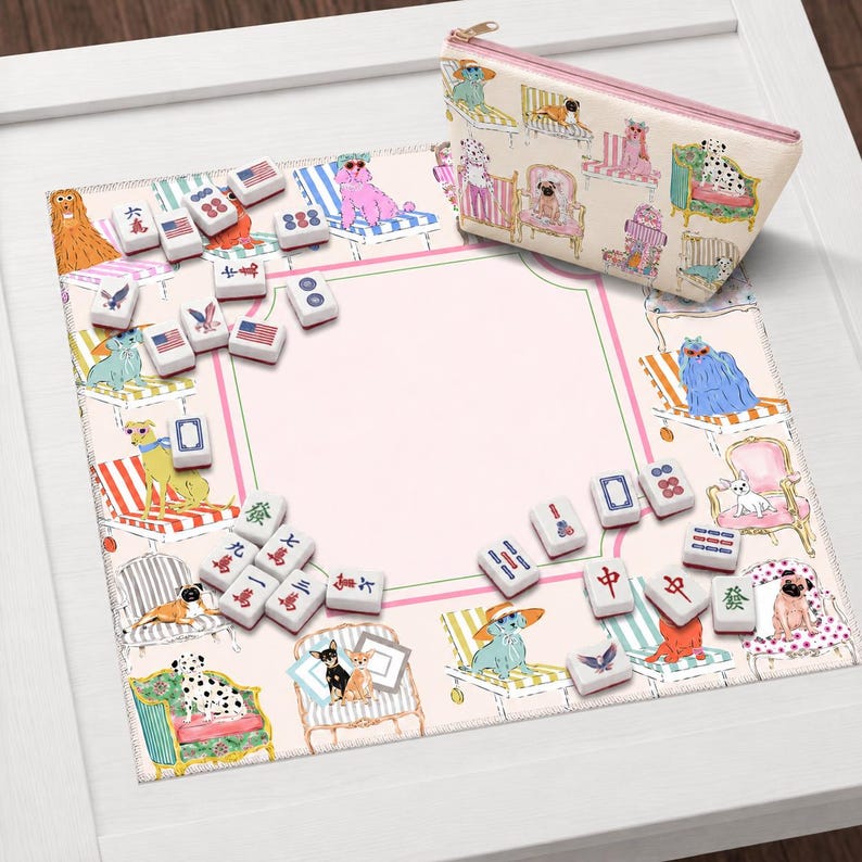 Preppy Dog Mahjong Mat, Chic Puppy Game Night Decor, Coastal Country Club Style