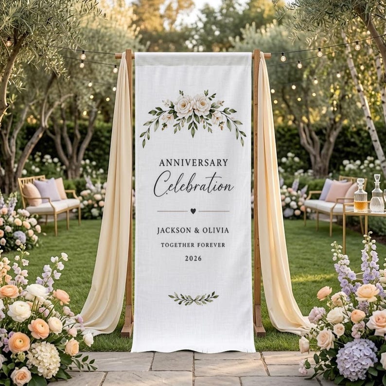 Personalized Anniversary Celebration Banner, Floral Wedding Anniversary Sign