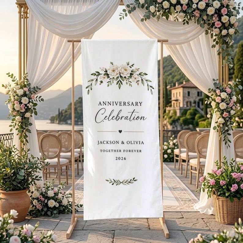 Personalized Anniversary Celebration Banner, Floral Wedding Anniversary Sign