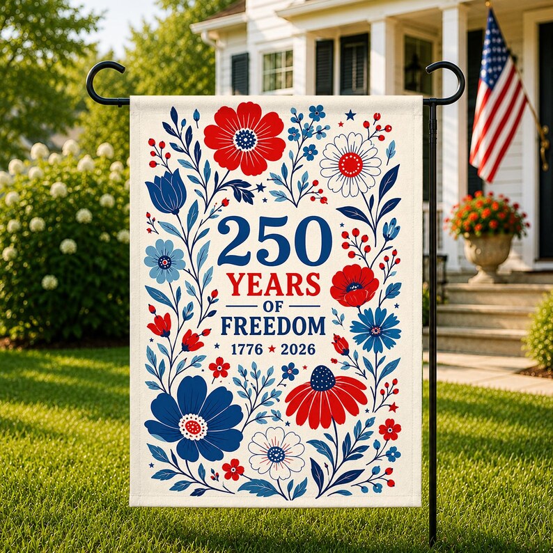 250 Years of Freedom Garden Flag, Patriotic Floral Flag, Wildflowers America Outdoor Decor