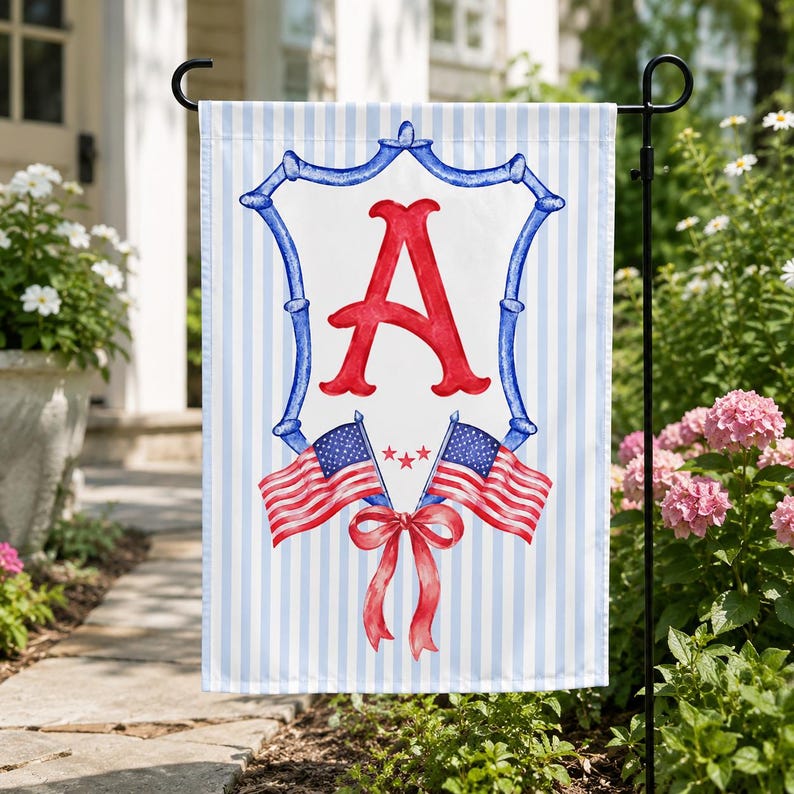 Personalized Initial Garden Flag, Patriotic Red White Blue Monogram Yard Flag