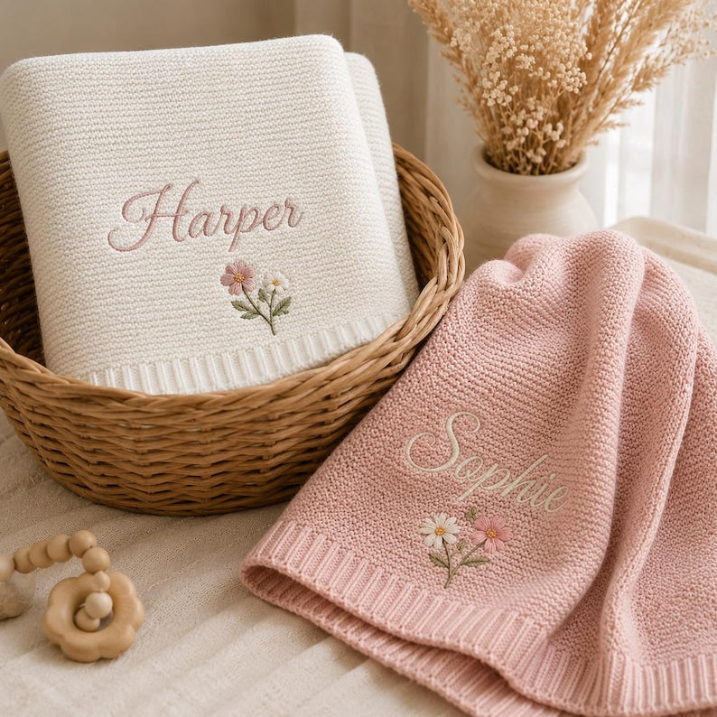 Personalized Baby Blanket, Embroidered Cotton Throw, Cherished Nursery Gift, Newborn Present