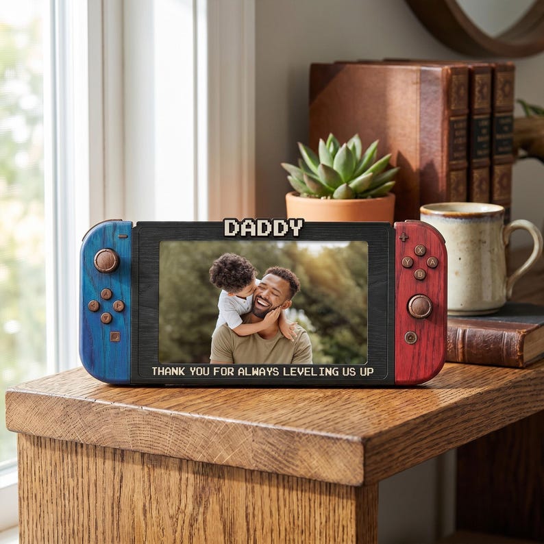 Custom Photo Dad 2D Flat Wooden Block, Personalized Fathers Day Gift for Gamer Dad