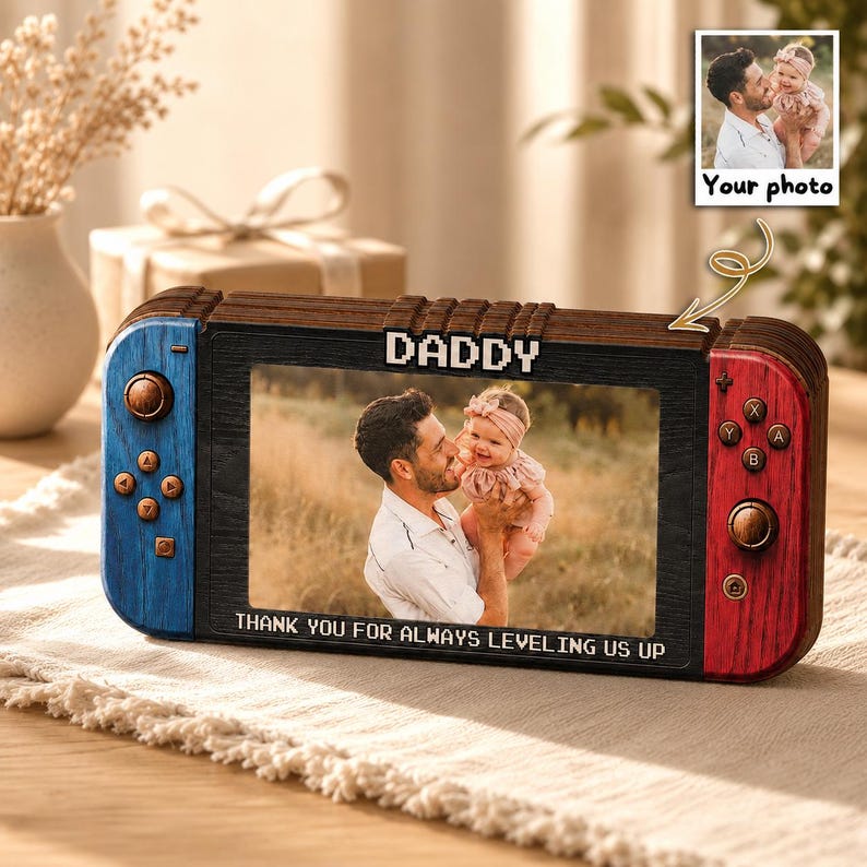 Custom Photo Dad 2D Flat Wooden Block, Personalized Fathers Day Gift for Gamer Dad
