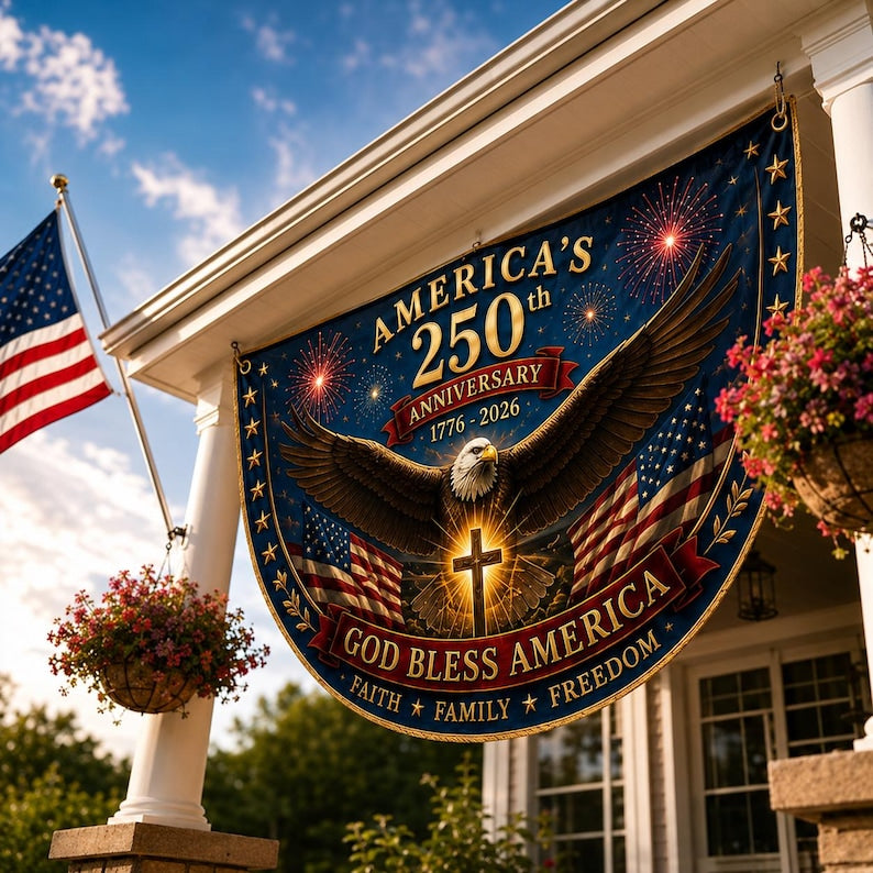 USA 250th Anniversary Patriotic Bunting Banner, Christian Freedom America 1776–2026 Semicircle Fence Flag