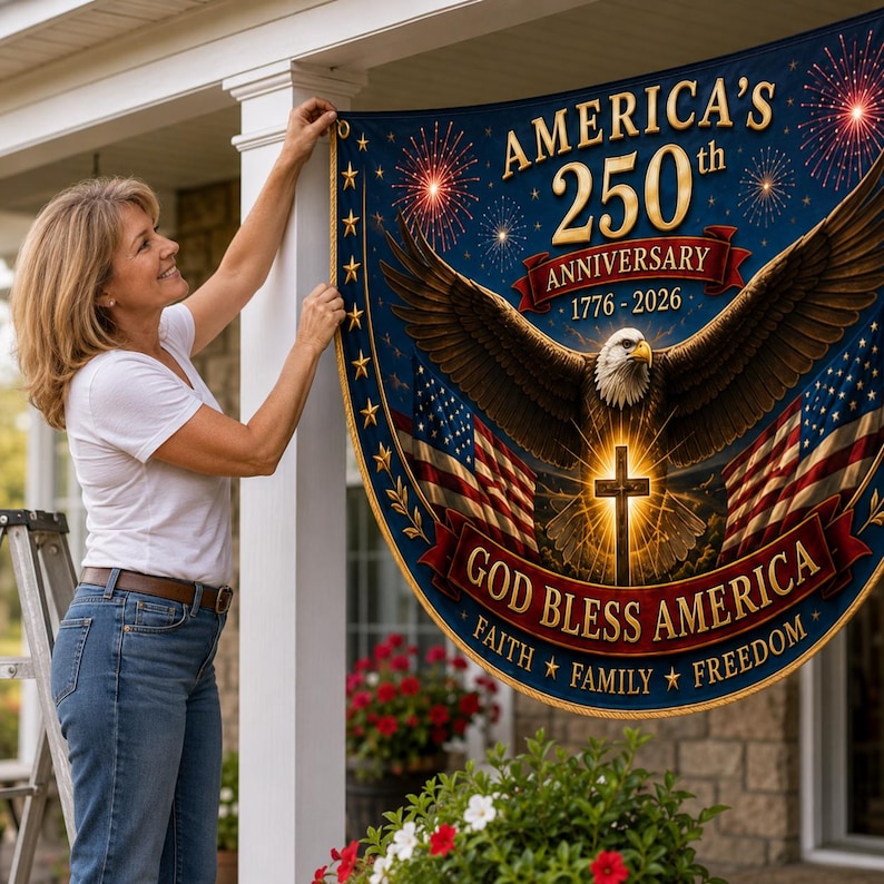 USA 250th Anniversary Patriotic Bunting Banner, Christian Freedom America 1776–2026 Semicircle Fence Flag
