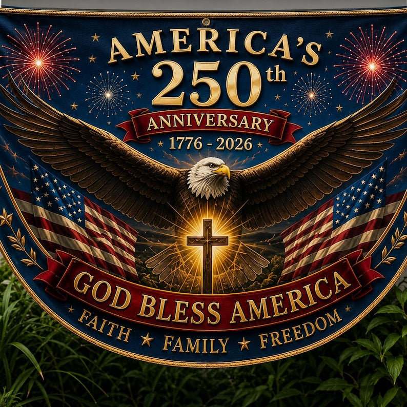 USA 250th Anniversary Patriotic Bunting Banner, Christian Freedom America 1776–2026 Semicircle Fence Flag