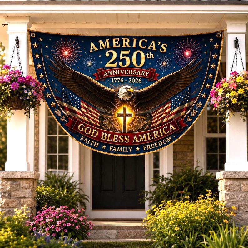 USA 250th Anniversary Patriotic Bunting Banner, Christian Freedom America 1776–2026 Semicircle Fence Flag