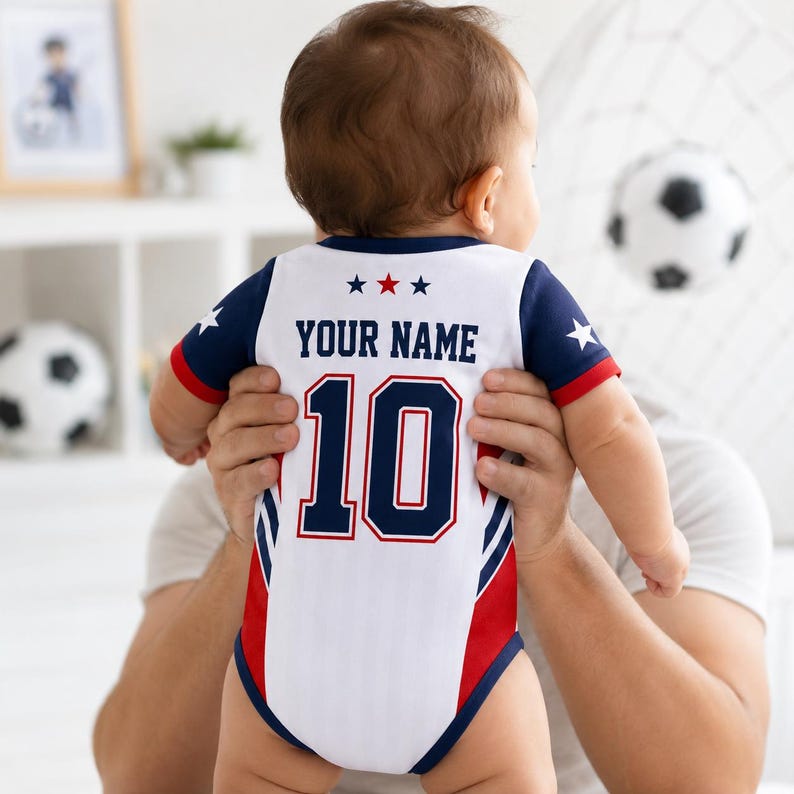 USA Baby Soccer Bodysuit, Custom Name Number American Flag Baby Romper