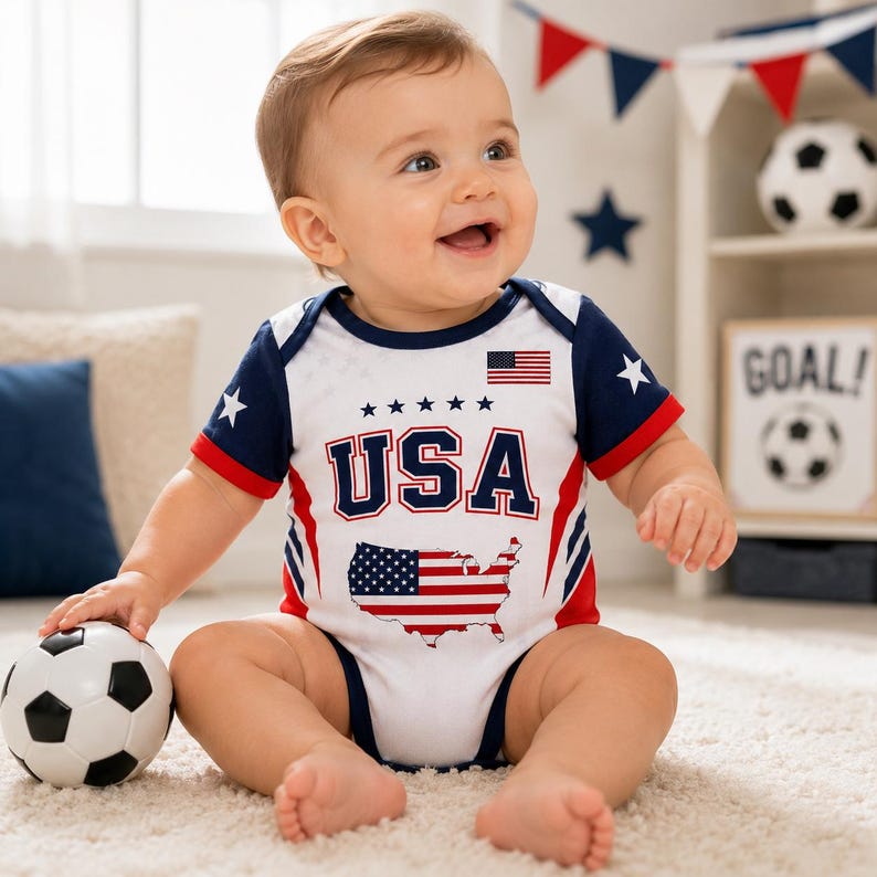 USA Baby Soccer Bodysuit, Custom Name Number American Flag Baby Romper