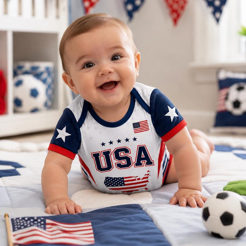 USA Baby Soccer Bodysuit, Custom Name Number American Flag Baby Romper