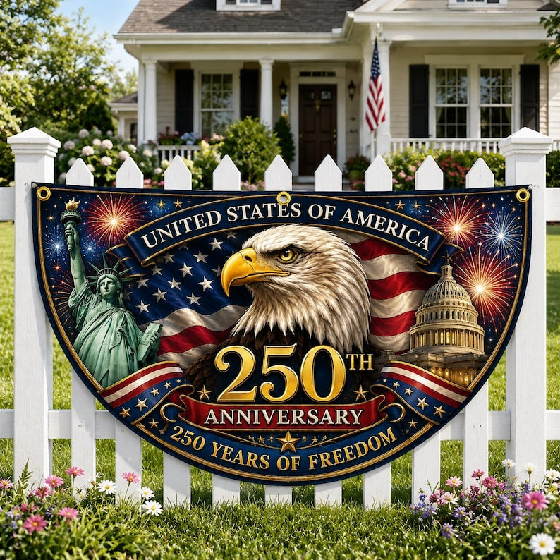 USA 250th Anniversary Patriotic Bunting Banner, Custom Family Name America 1776 2026 Semicircle Fence Flag
