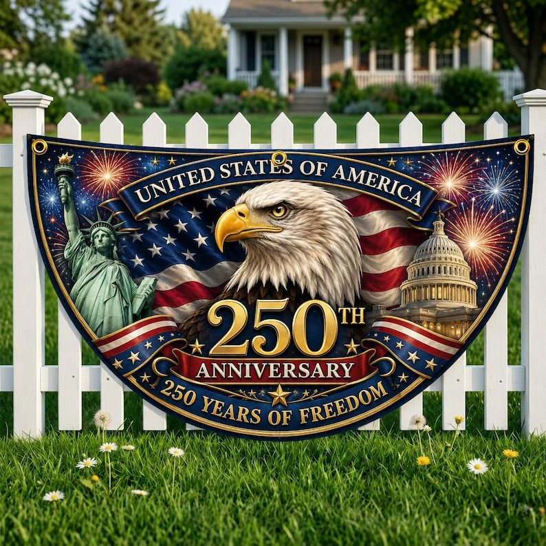 USA 250th Anniversary Patriotic Bunting Banner, Custom Family Name America 1776 2026 Semicircle Fence Flag