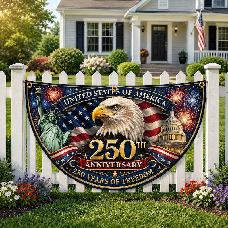 USA 250th Anniversary Patriotic Bunting Banner, Custom Family Name America 1776 2026 Semicircle Fence Flag