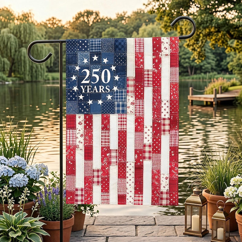 250 Years Patriotic Garden Flag, Faux Quilt Style American Yard Decor