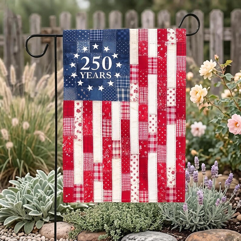 250 Years Patriotic Garden Flag, Faux Quilt Style American Yard Decor