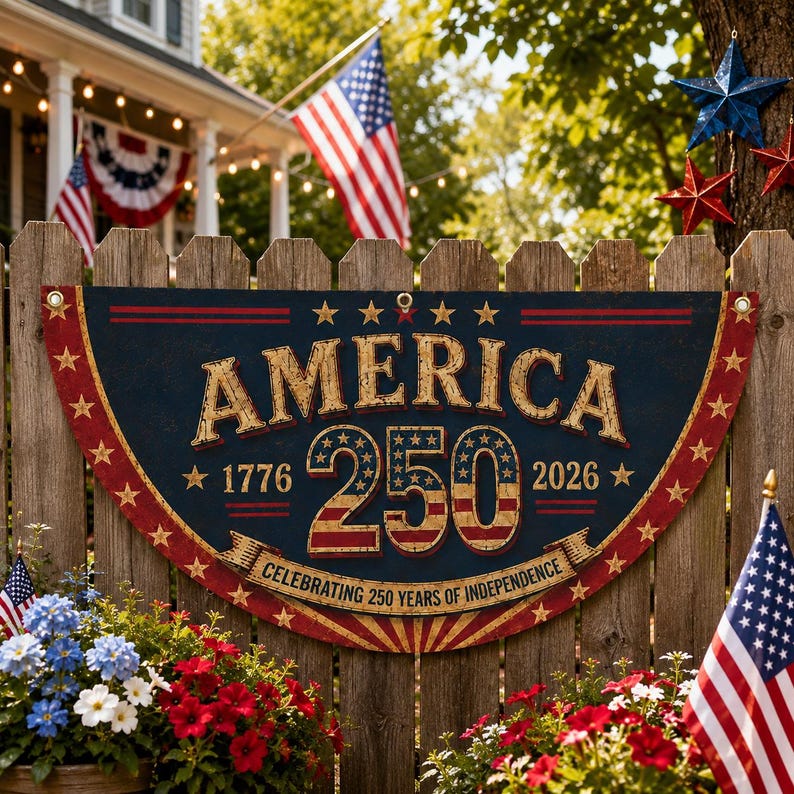 Retro 250th Anniversary Semicircle Fence Flag, 1776-2026 Patriotic Yard Banner