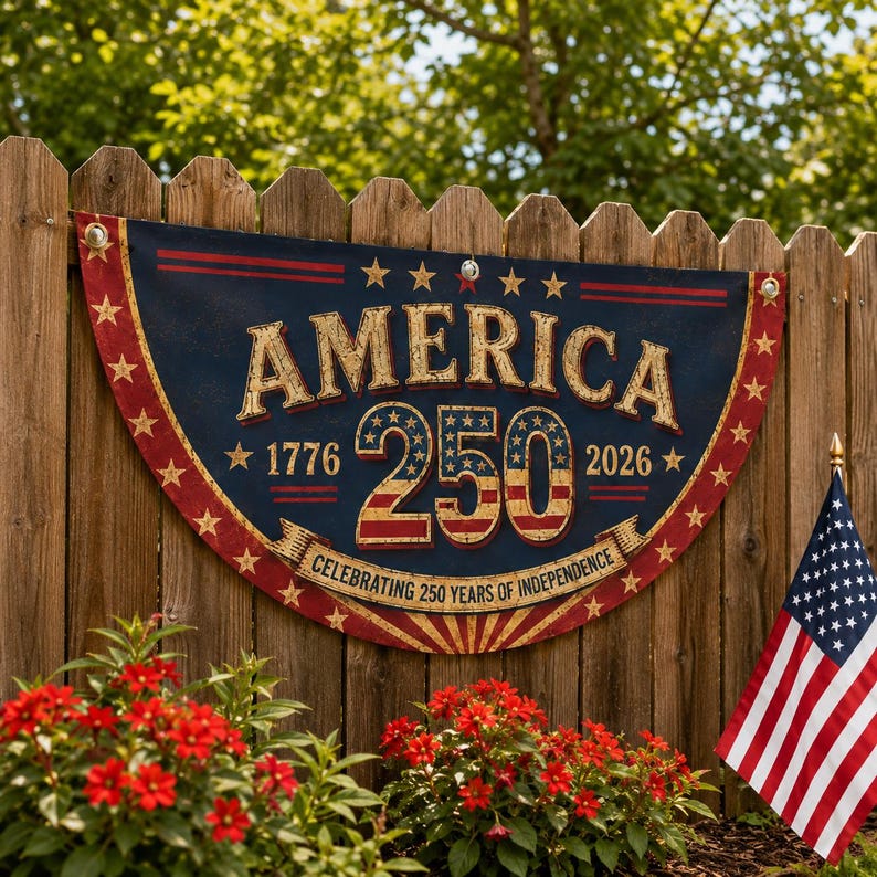 Retro 250th Anniversary Semicircle Fence Flag, 1776-2026 Patriotic Yard Banner