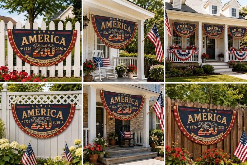 Retro 250th Anniversary Semicircle Fence Flag, 1776-2026 Patriotic Yard Banner