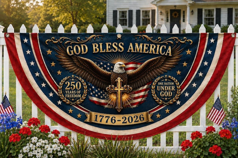 God Bless America 250th Anniversary Porch Railing Banner, 250 USA Bunting Flag