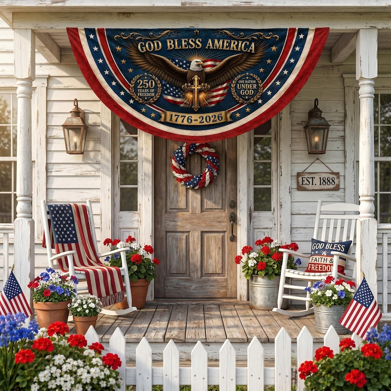 God Bless America 250th Anniversary Porch Railing Banner, 250 USA Bunting Flag