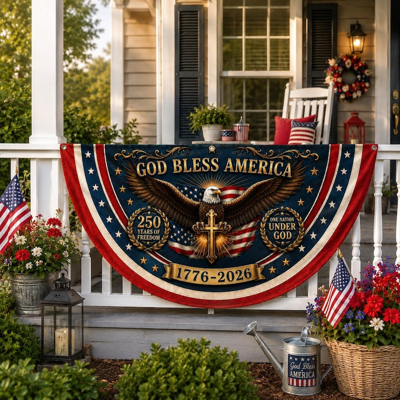 God Bless America 250th Anniversary Porch Railing Banner, 250 USA Bunting Flag