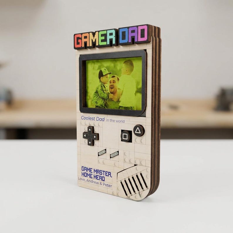 Personalized Gamer Dad Photo Frame, Retro Game Console Wooden Fram