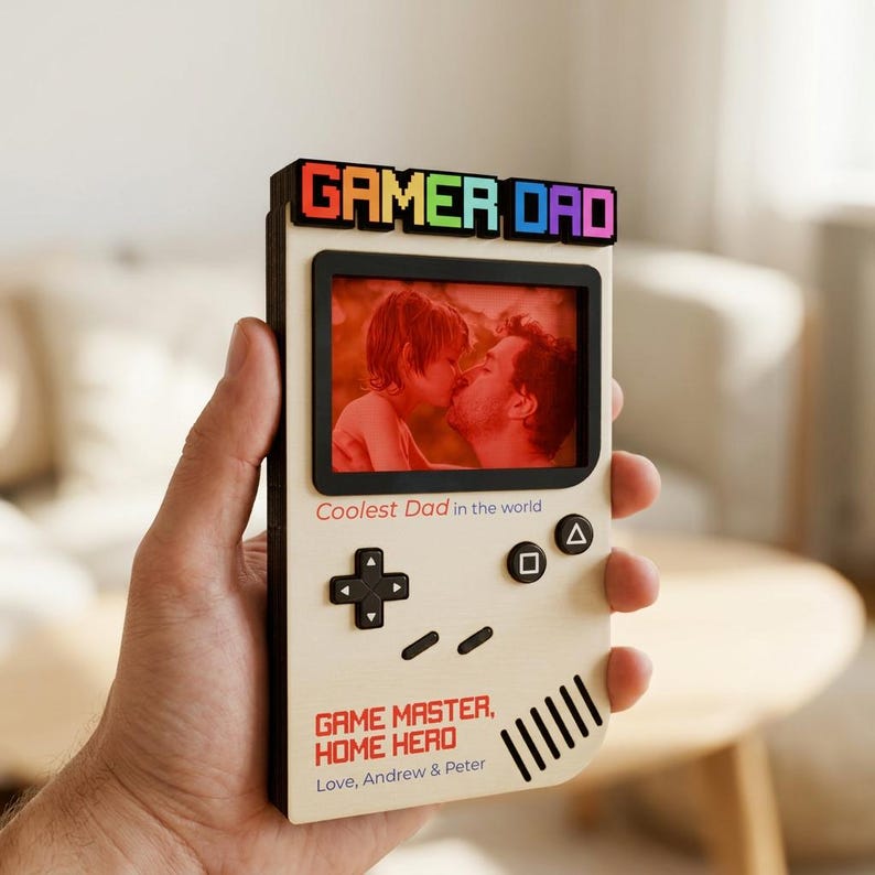 Personalized Gamer Dad Photo Frame, Retro Game Console Wooden Fram