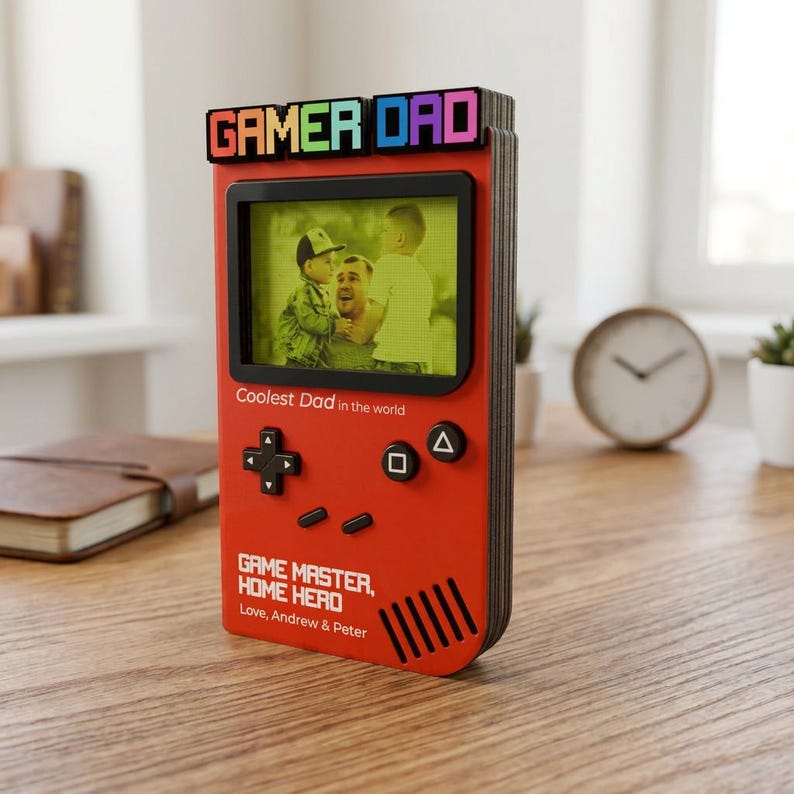 Personalized Gamer Dad Photo Frame, Retro Game Console Wooden Fram