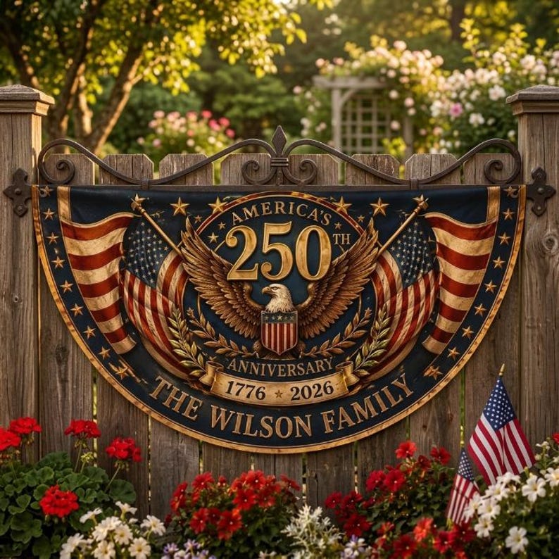 Custom America 250th Anniversary Banner, Personalized Patriotic Porch Decor, Semicircle Bunting Flag