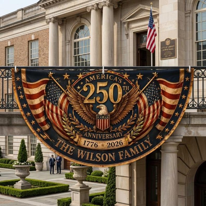 Custom America 250th Anniversary Banner, Personalized Patriotic Porch Decor, Semicircle Bunting Flag