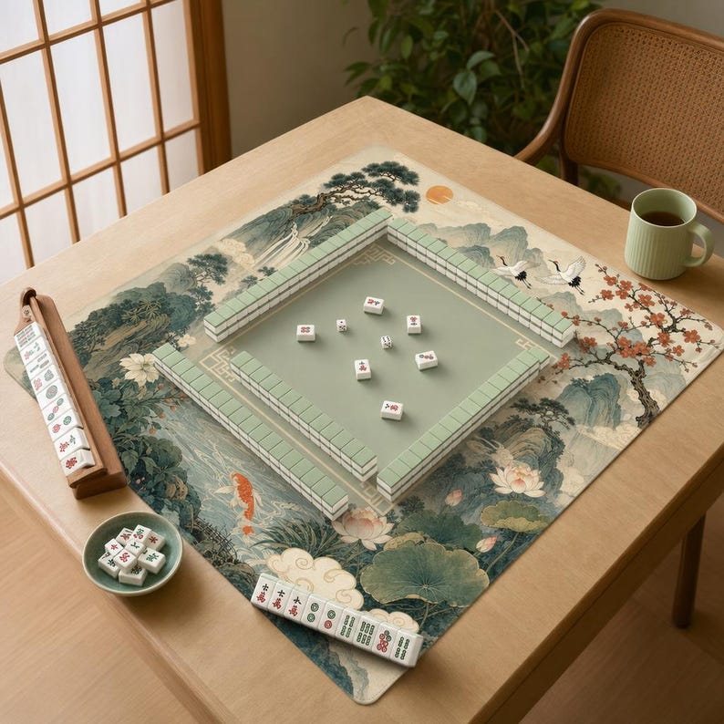 Chinese Landscape Mahjong Mat, Shan Shui Crane Koi & Lotus Pavilion Game Mat, Classical Chinese Art Non Slip