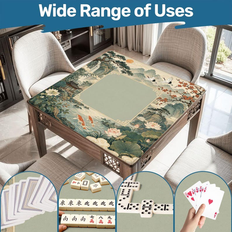 Chinese Landscape Mahjong Mat, Shan Shui Crane Koi & Lotus Pavilion Game Mat, Classical Chinese Art Non Slip
