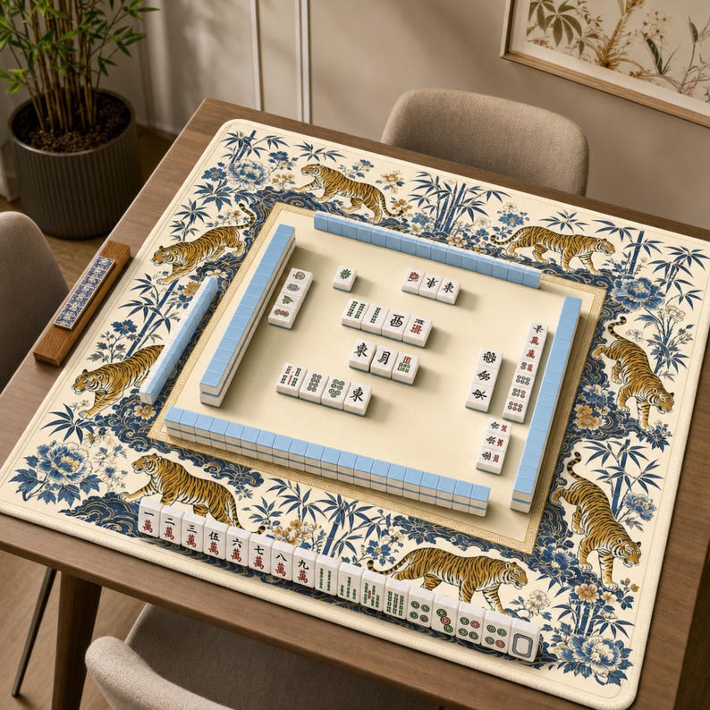 Tiger & Peony Mahjong Mat, Blue and Gold Chinoiserie Game Mat with Non-Slip Base