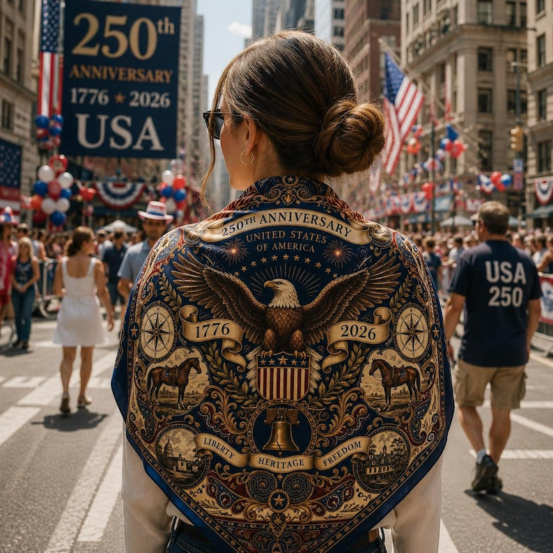 Navy Blue & Golden Scarf, Vintage America 250 Anniversary Eagle Bandana