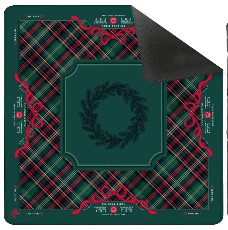 Evergreen & Tartan Mahjong Mat, Holiday with Red Ribbon Bows, Christmas Game Table Decor, Preppy Holiday Mahjong Gift