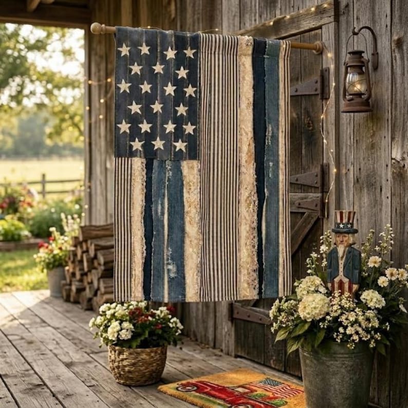 Rustic American Flag Faux Patchwork Outdoor Flag, Patriotic Farmhouse Garden Decor